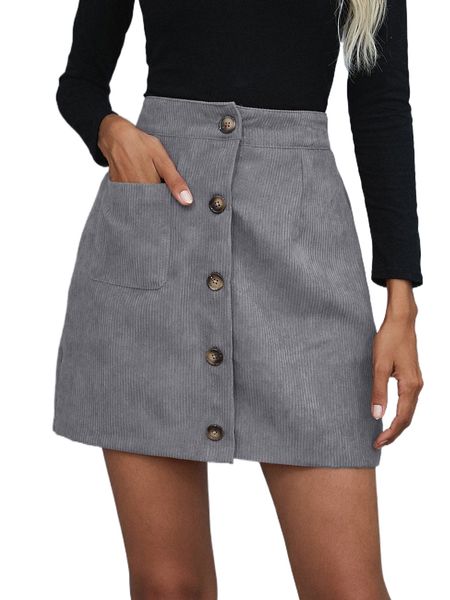 

single breasted pocket front corduroy skirt h87d#, Black