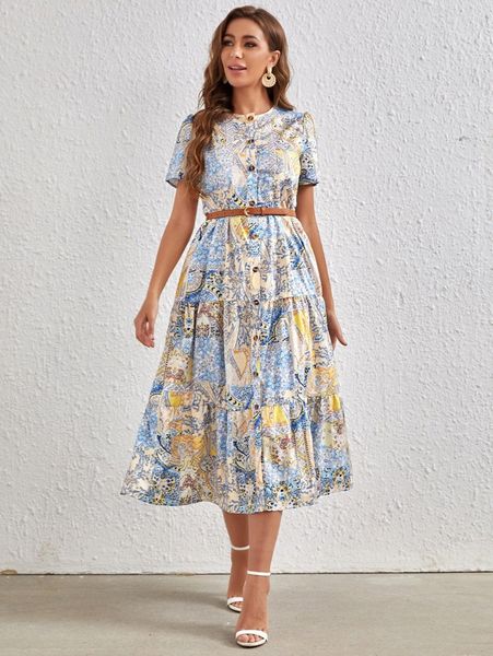 

allover print ruffle hem dress without belt g4di#, Black;gray