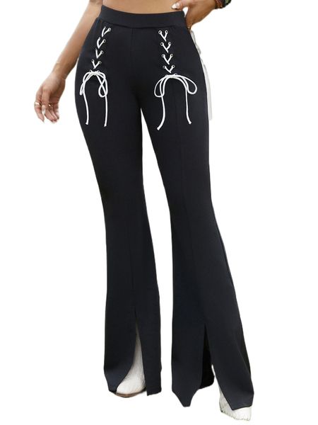 

lace up slit hem flared leg pants p6z7#, Black;white