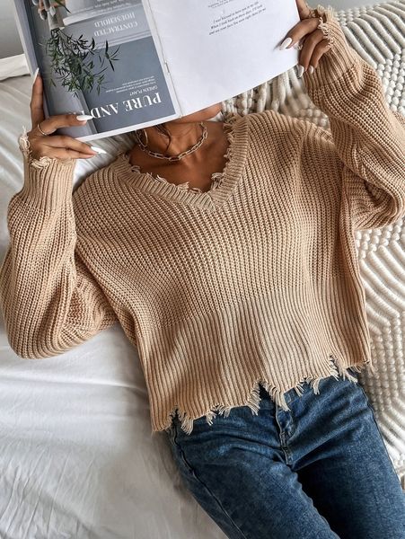 

v-neck drop shoulder distressed edge sweater o9ru#, White;black