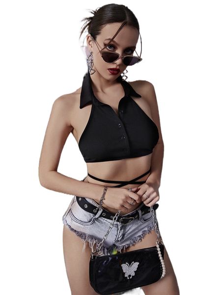 

crisscross backless knot button front crop halter 5072#, White