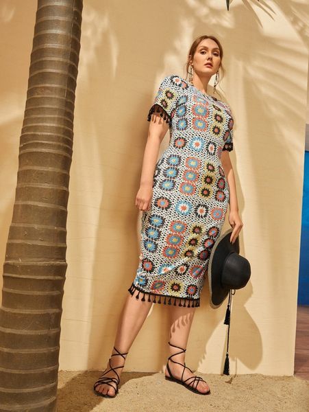 

plus floral print fringe trim slit hem dress a45k#, Black