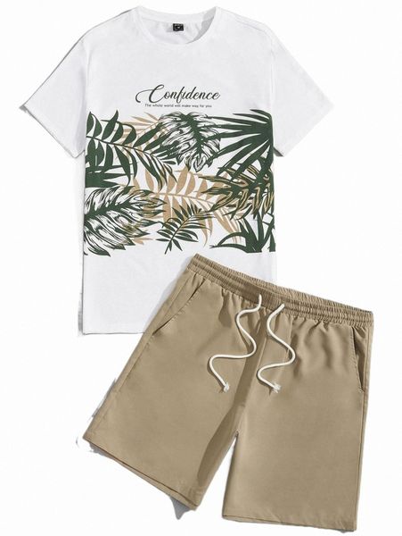 

men letter & tropical print tee and shorts set 18un#, Gray