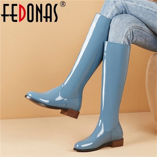 

fedonas women fashion solid genuine leather knee high boots night club shoes woman square heels female silm long riding boots 201109, Black