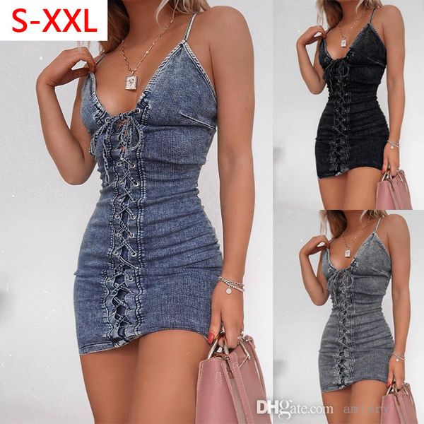 

hollow out denim dresses women designer clothing summer ripped nightclub bandage skirts stretch hip dress, Black;gray