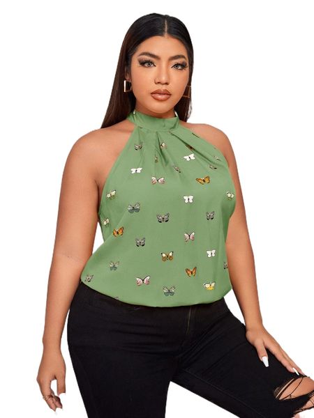 

plus butterfly print tie back halter 60gh#, Black