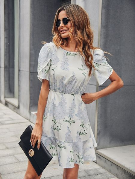 

floral print petal sleeve ruffle hem dress v2zk#, Black;gray