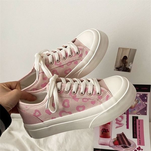 

fashion pink heart print canvas sneakers spring casual zapatillas mujer students daily footwear woman vulcanize shoes 220816, Black;white