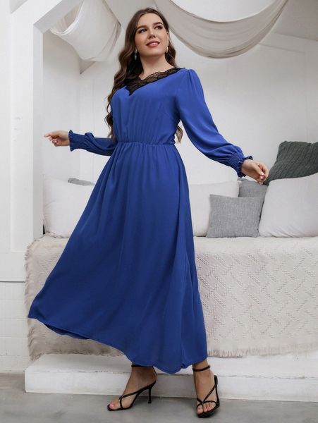 

plus shirred lantern sleeve contrast lace dress v1lw#, Black