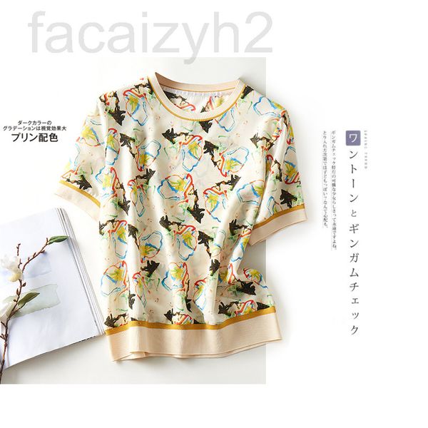 

women's t-shirt designer colorful silk stitched print women's 2022 spring and summer new round neck bai with short sleeve t-shirt, White