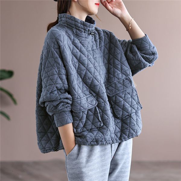 

women's hoodies sweatshirts autumn winter clothes female leisure thermal cotton highneck sweatshirt women loose hedging rhombic quilted, Black