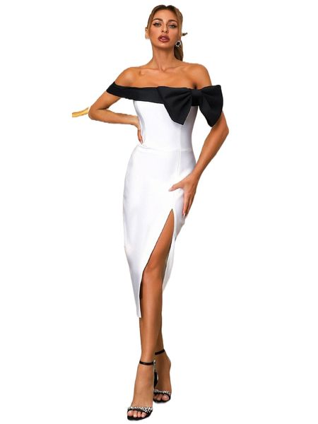 

two tone off shoulder bow front split thigh bandage dress v7xh#, Black;gray
