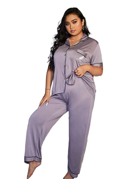 

plus slogan & leaf embroidery contrast piping pj set 69hw#, Black;white