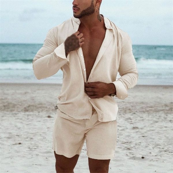 

men s hawaiian suit summer solid color stand collar long sleeve shirt beach shorts streetwear 2 piece set 220708, Gray