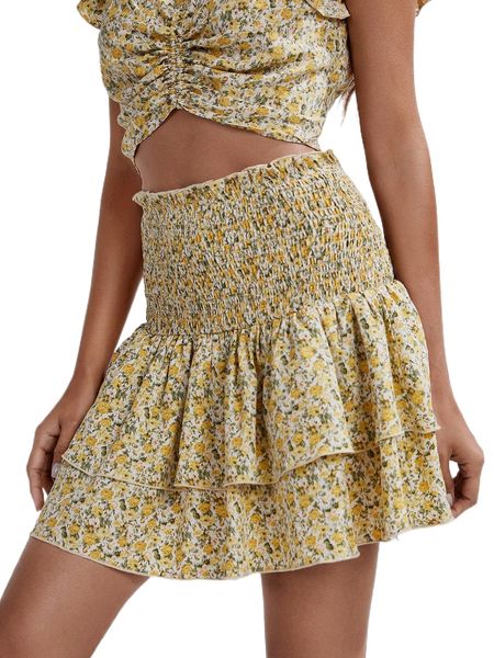 

ditsy floral shirred layered hem skirt x0oa#, Black