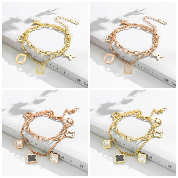 

classic design double layered clover charm bracelet 4 leaf jewelry for women gift, Golden;silver
