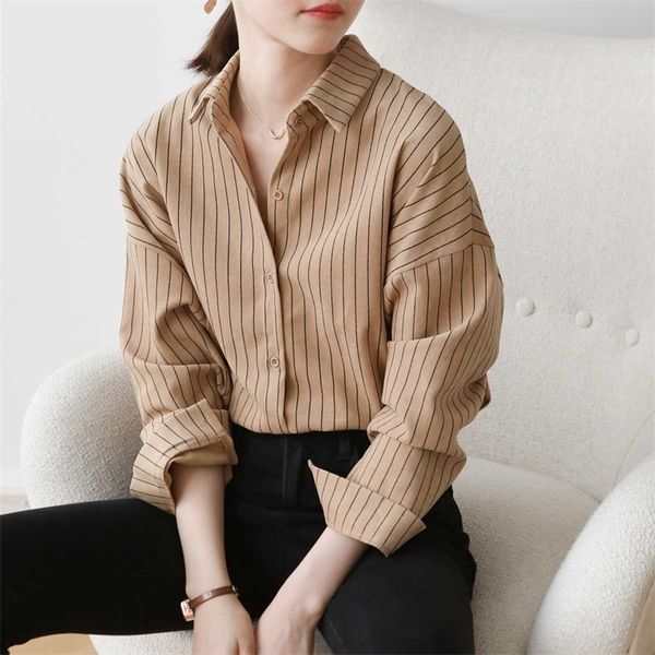 

oversized striped print office ladies shirts women's bf style blouses spring summer casual loose blusas mujer 210702, White