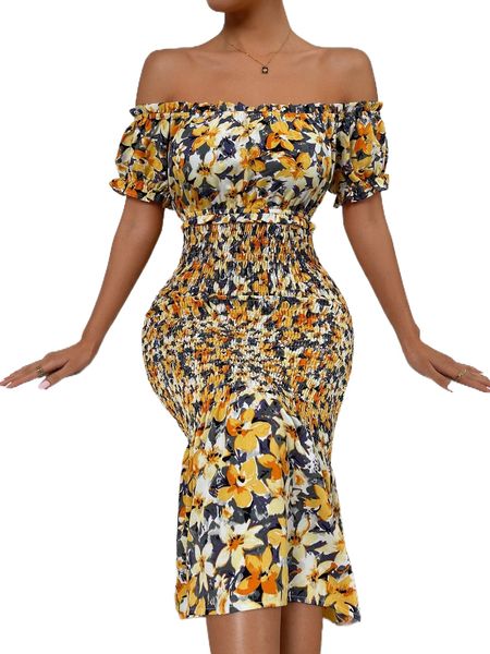 

floral off the shoulder mermaid hem dress f8ky#, Black;gray