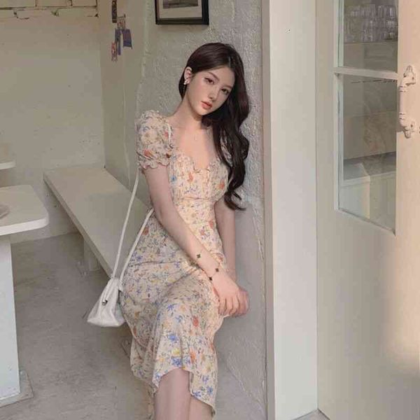 

casual dresses 2022 summer women's dress french first love sweet temperament bubble sleeve small man thin floral dress 8hyz, Black;gray