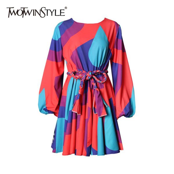 

spring hit color dress for women o neck long sleeve lace up print dresses female fashion clothing style 210423, Black;gray