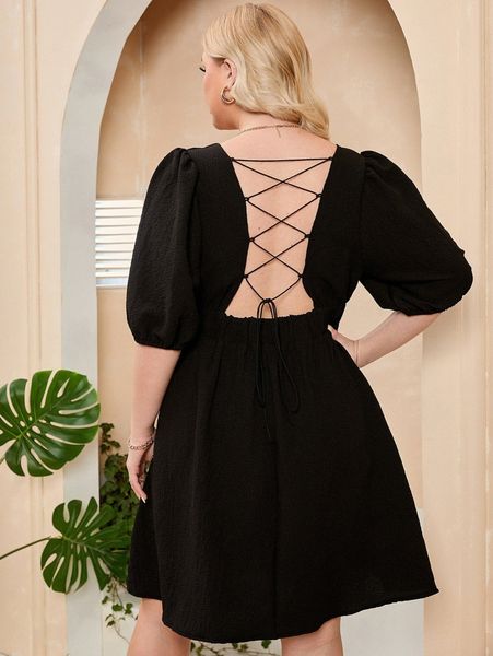 

plus square neck lace up backless puff sleeve dress m6yh#, Black