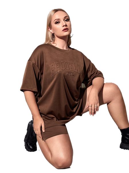 

plus letter graphic drop shoulder tee & shorts g48j#, Black