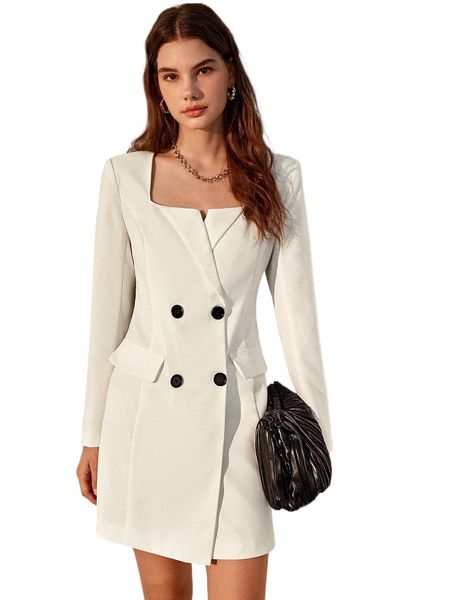 

square neck double breasted dress p6b4#, Black;gray