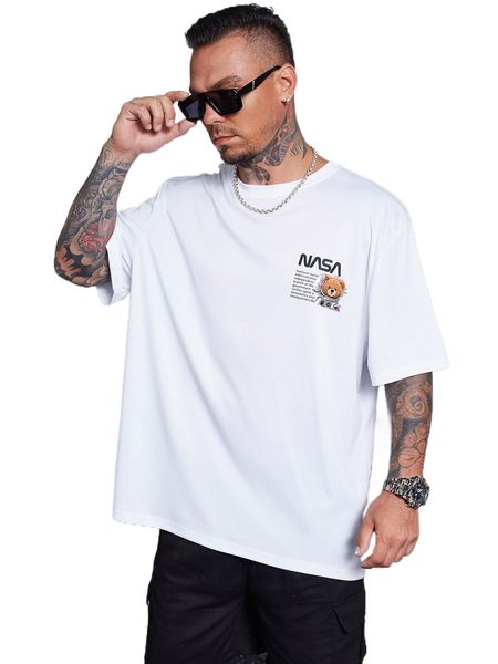 

extended sizes men bear & slogan graphic tee d7gn#, White;black