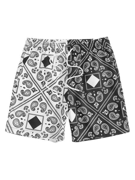 

romwe guys color-block paisley print shorts p9pv#, White;black