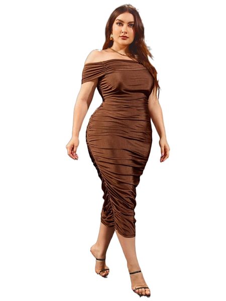 

plus off shoulder ruched bodycon dress b1td#, Black