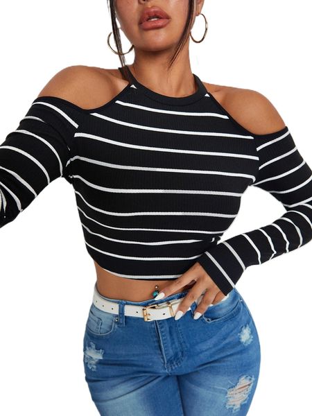 

striped cold shoulder crop tee n5nc#, White
