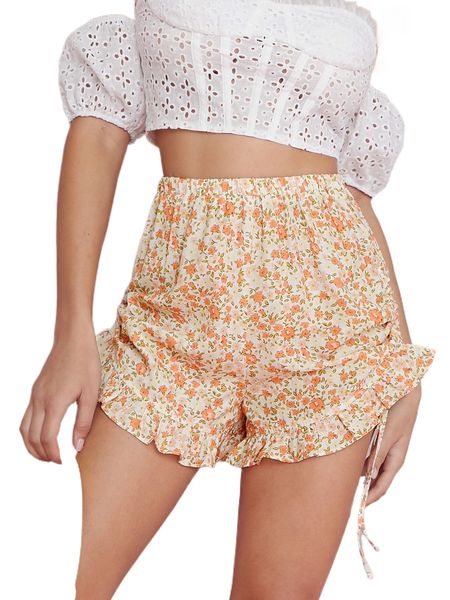 

ditsy floral ruched drawstring flounce shorts x2zk#, White;black