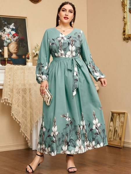 

plus floral print lantern sleeve belted dress d5hs#, Black