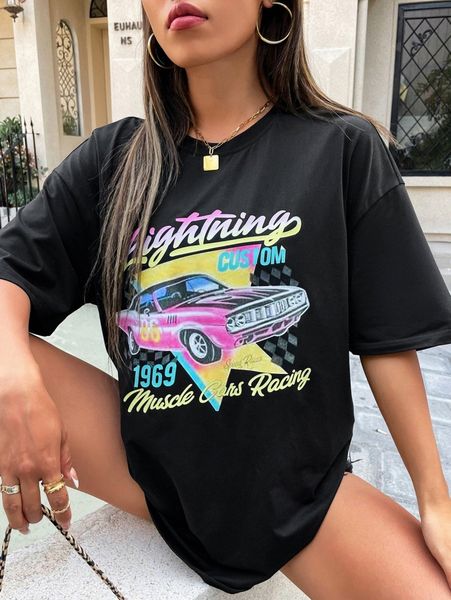 

letter & car print drop shoulder tee f7on#, White