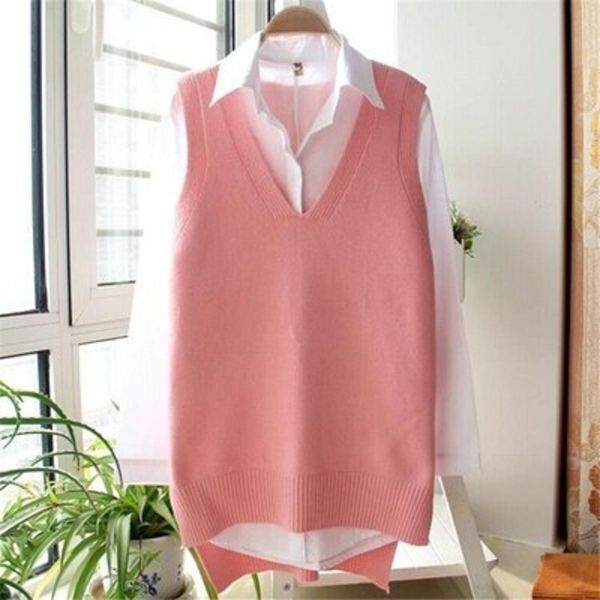 

sweater vest women spring autumn sleeveless pullover vneck knitted wool vests waistcoat sherpa chalecos para mujer y201128, Black;white