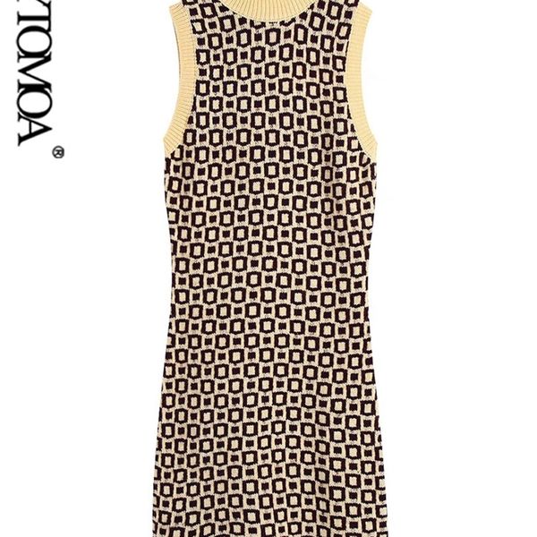 

women chic fashion geometric print jacquard knit mini dress vintage high neck sleeveless female dresses vestidos mujer 220526, Black;gray
