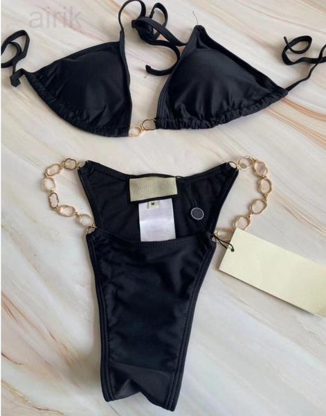 

design brand women bikinis swimwears fashion letter printed metal chain bikini set ladies spot bandage swimsuit swimwear with cushion tags, White;black