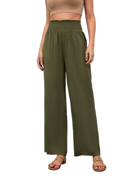 

frilled shirred waist wide leg pants v7in#, Black;white