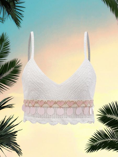 

heart pattern pointelle knit cover up w7mm#, White;black