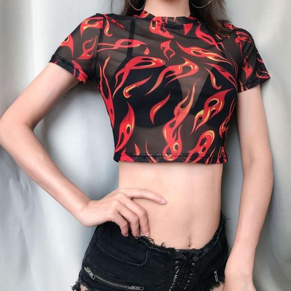 T-Shirt da donna Sexy Summer Women Manica corta Girocollo Sheer Mesh See Through Trasparente Angel Flame Print Crop Top %8 Phyl22