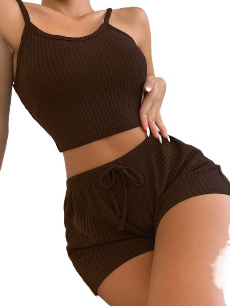 

ribbed knit cami & tie waist shorts lounge set y7l1#, Black;red