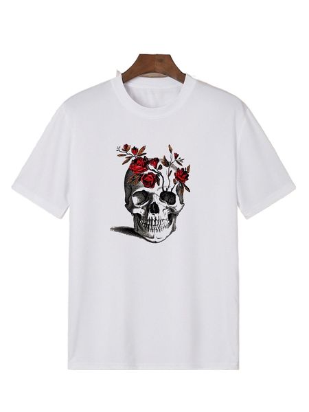 

men skeleton & floral print tee v6pw#, White;black