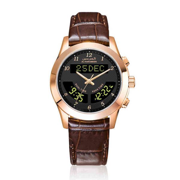 

muslim azan watch islamic qibla clock with prayer alram hijri calendar compass and genuine leather strap al harameen fajr time, Slivery;brown