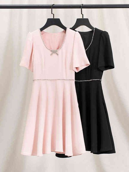 

casual dresses miu lotus root pink sweet dew collarbone u-neck dress summer heavy industry diamond band french cool and cute first love, Black;gray