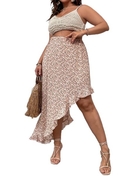 

plus ditsy floral print ruffle asymmetrical hem skirt j4zg#, Black