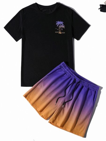 

men tropical print tee & ombre print shorts l3a7#, Gray