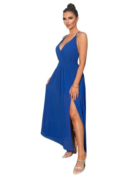 

joyfunear crisscross backless frill trim split thigh cami dress z6cx#, Black;gray