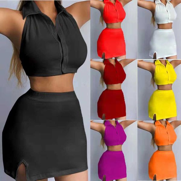

2022 women's bandage polo collar waistless skirt spring and summer new leisure simple skirt set, White