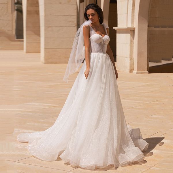 Abito da sposa principessa Boho 2022 Sweetheart Glitter Tulle Abiti da sposa Sweep Train Robe De Mariee Backless Personalizza Made Abiti da sposa Noiva