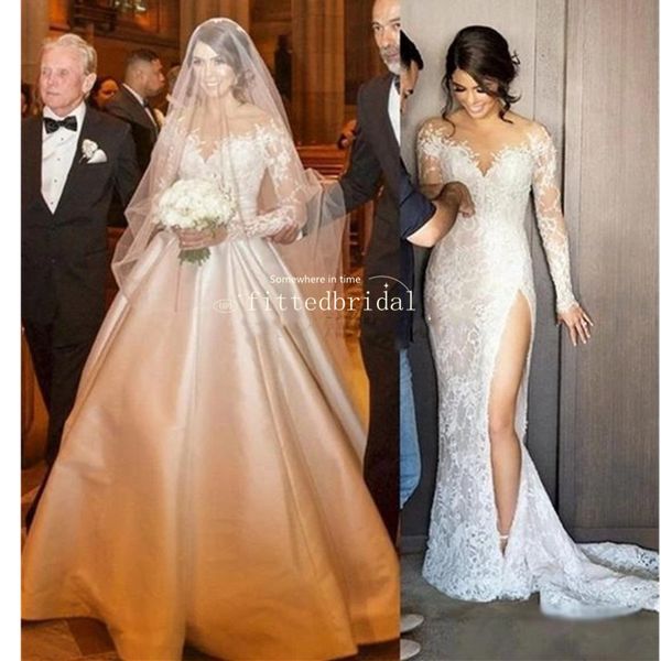 

luxury lace side-slit mermaid with detachable a-line satin wedding dress, White
